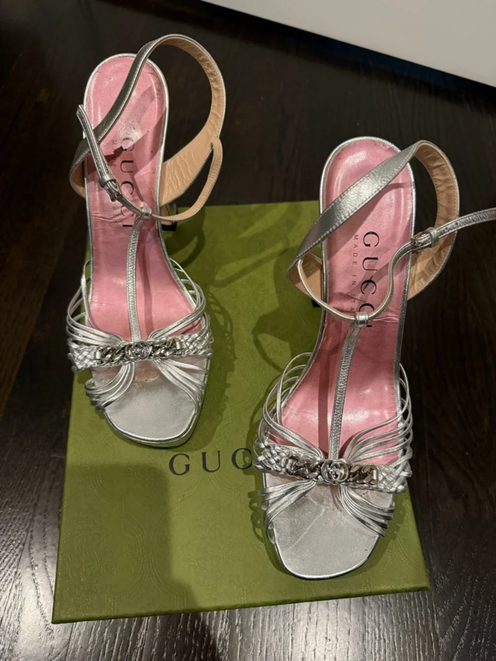 Gucci Silver Metallic T-Strap Platform Sandals - Picture 6 of 12